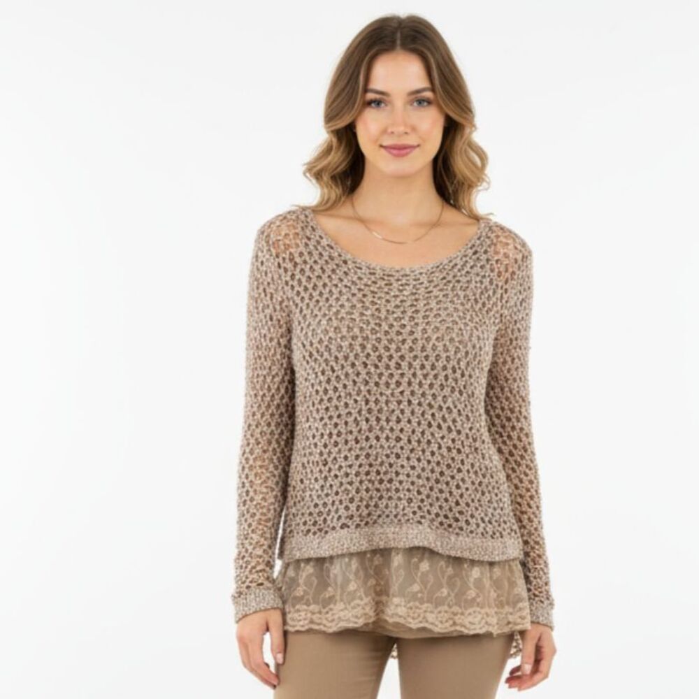John Fashion Taupe Tan Crochet & Lace Layered Long Sleeve Sweater Blouse Top L